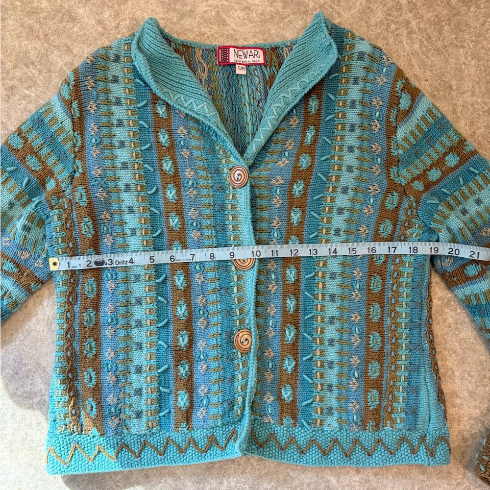 Green/blue cotton cardigan- hand knit in Nepal- size S/M - Picture 4 of 9